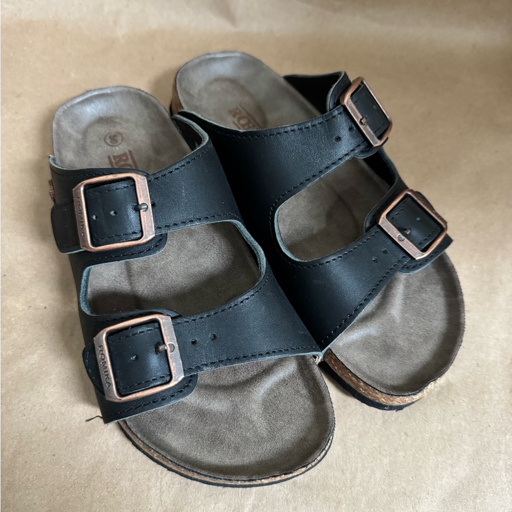 Romika Roemer 12 Black Leather Two Strap Cork Footbed Sandals. Size EU36
